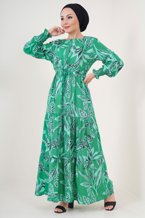 Merterium 2145 Desenli Tesettür Elbise - Yeşil