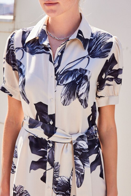 Merterium 2213 Kısa Kol Viskon Elbise - Ekru