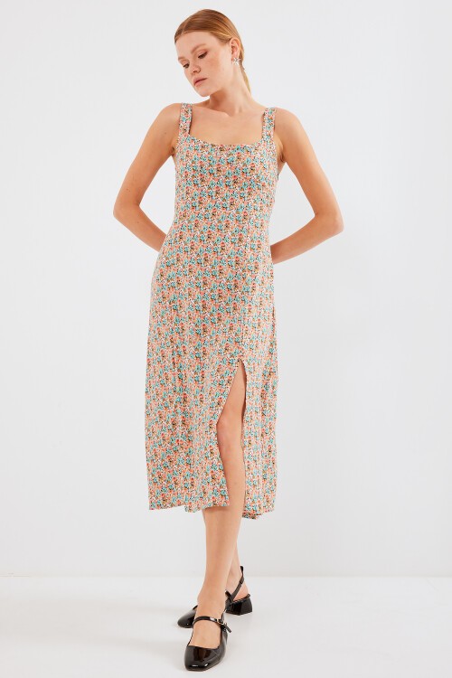 Merterium 2282 Yırtmaçlı Askılı Viskon Elbise - Çok Renkli