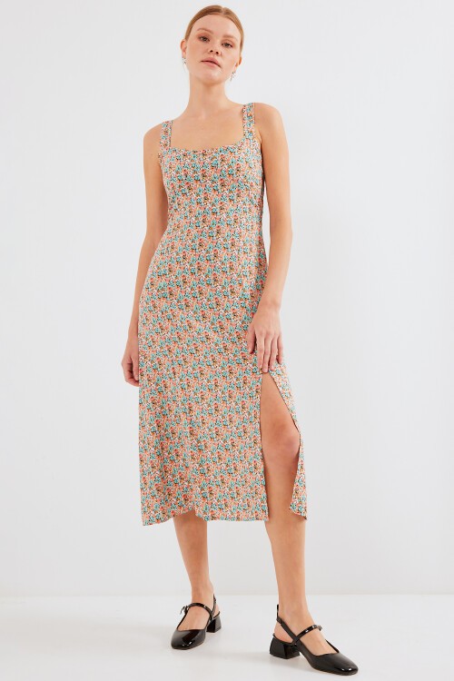 Merterium 2282 Yırtmaçlı Askılı Viskon Elbise - Çok Renkli