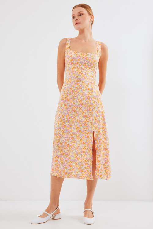 Merterium 2282 Yırtmaçlı Askılı Viskon Elbise - Turuncu