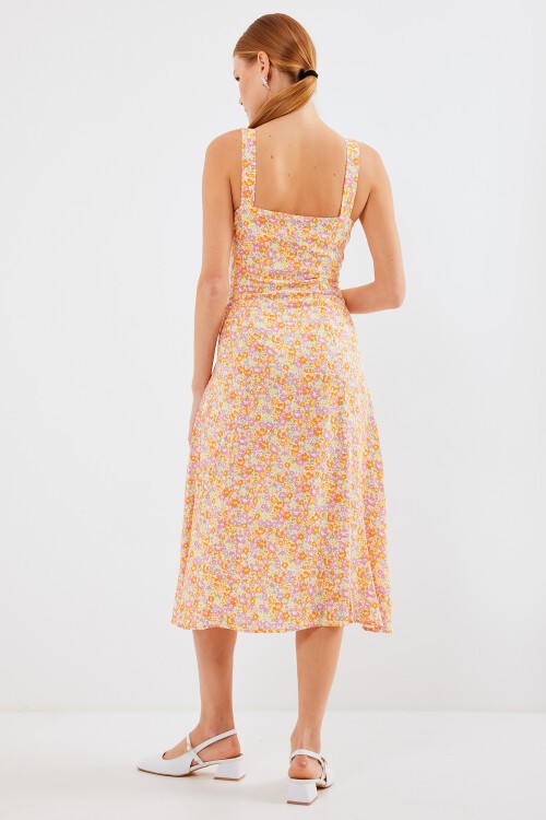 Merterium 2282 Yırtmaçlı Askılı Viskon Elbise - Turuncu