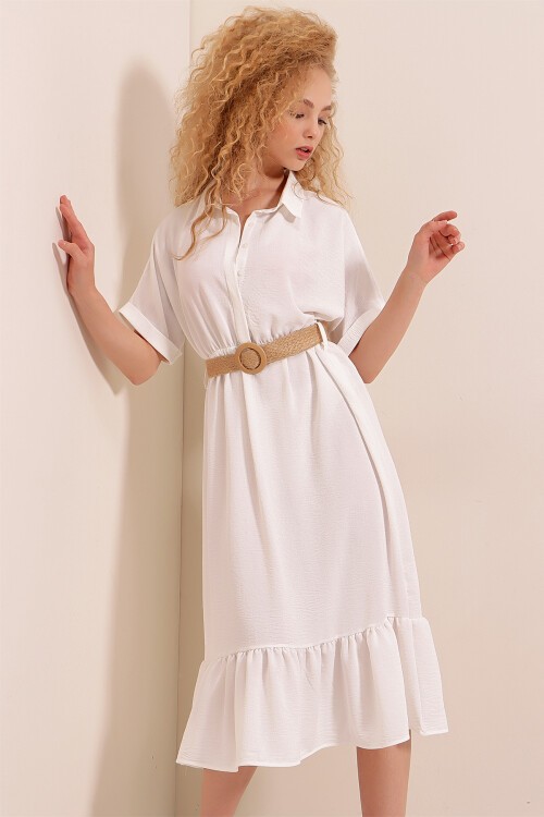 Merterium 2292 Kemerli Elbise - Beyaz