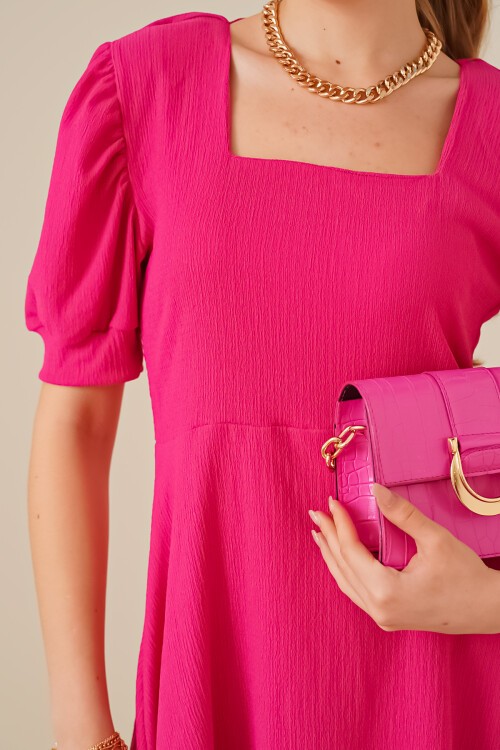 Merterium 2339 Kare Yaka Örme Elbise - Fuşya