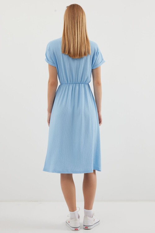 Merterium 2378 V Yaka Yırtmaçlı Örme Elbise - Mavi