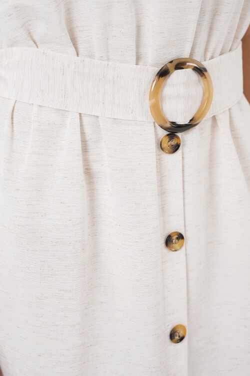 Merterium 2389 Kemerli Keten Elbise - Ekru