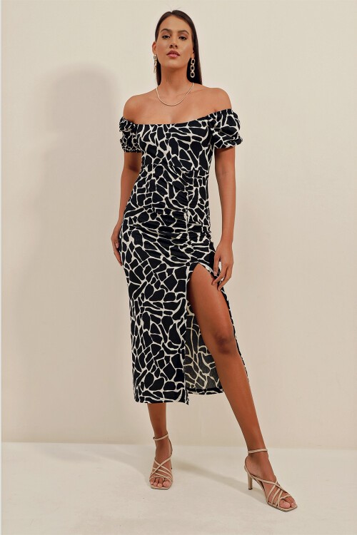 Merterium 2396 Yırtmaçlı Yazlık Örme Elbise - A.Siyah