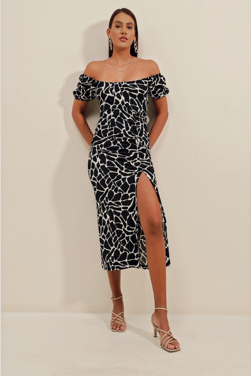 Merterium 2396 Yırtmaçlı Yazlık Örme Elbise - A.Siyah