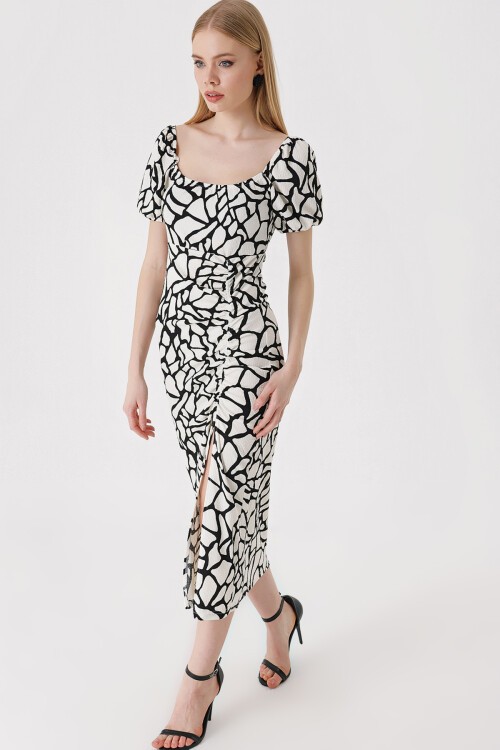 Merterium 2396 Yırtmaçlı Yazlık Örme Elbise - D. Siyah