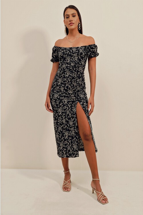 Merterium 2396 Yırtmaçlı Yazlık Örme Elbise - Y.Siyah