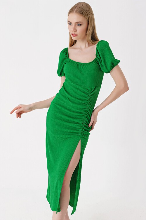 Merterium 2396 Yırtmaçlı Yazlık Örme Elbise - Yeşil