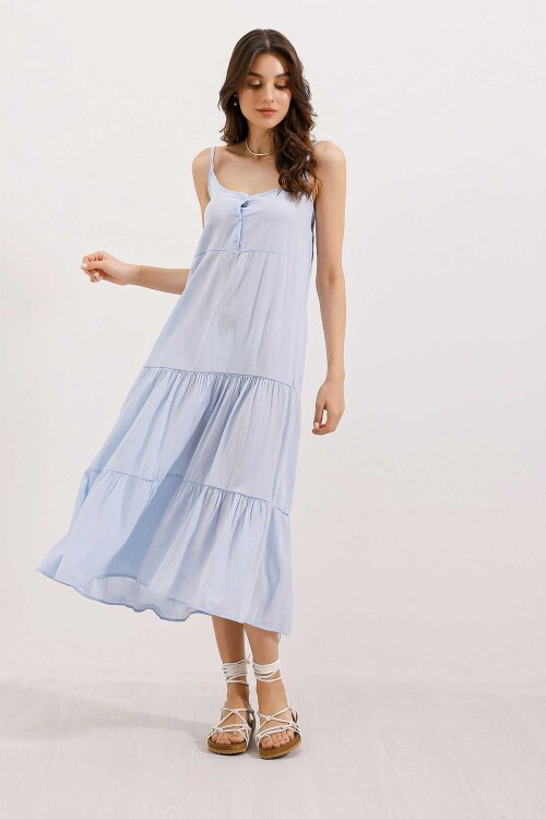 Merterium 2403 Askılı Midi Elbise - Mavi