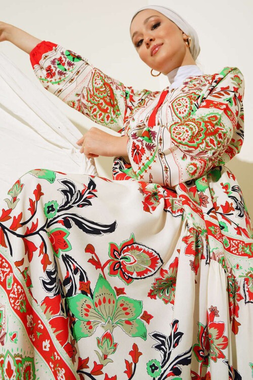 Merterium 2423 Otantik Desenli Tesettür Elbise - Kırmızı