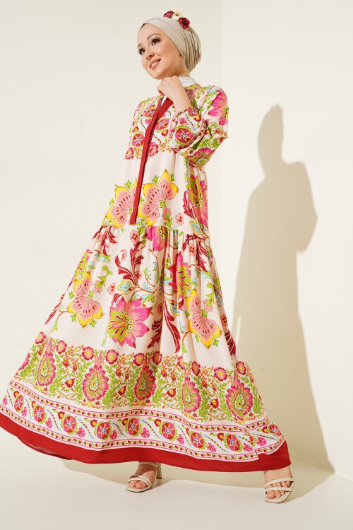 Merterium 2423 Otantik Desenli Tesettür Elbise - Y.Bordo