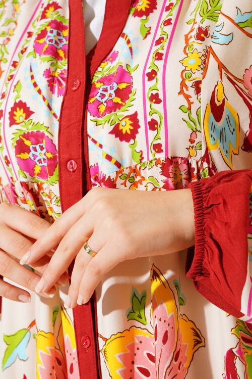 Merterium 2423 Otantik Desenli Tesettür Elbise - Y.Bordo