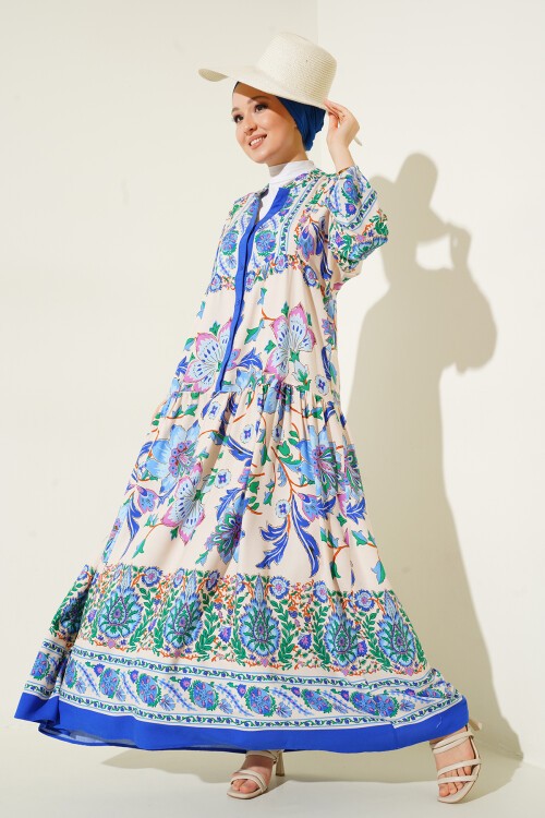 Merterium 2423 Otantik Desenli Tesettür Elbise - Y.Lacivert