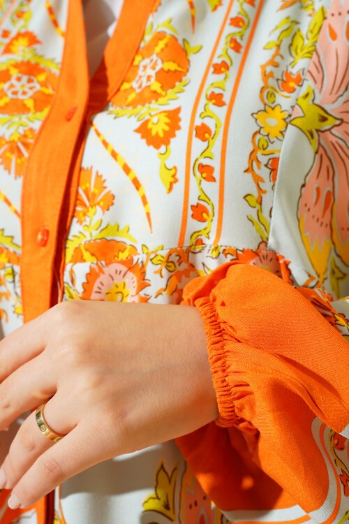 Merterium 2423 Otantik Desenli Tesettür Elbise - Y.Turuncu