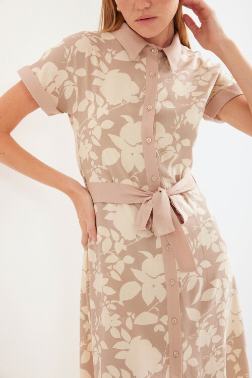 Merterium 2455 Desenli Gömlek Elbise - Bej