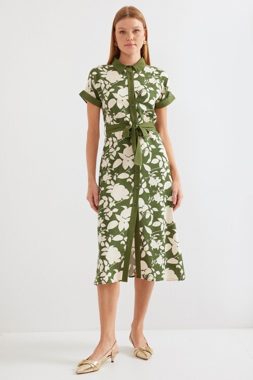 Merterium 2455 Desenli Gömlek Elbise - Haki