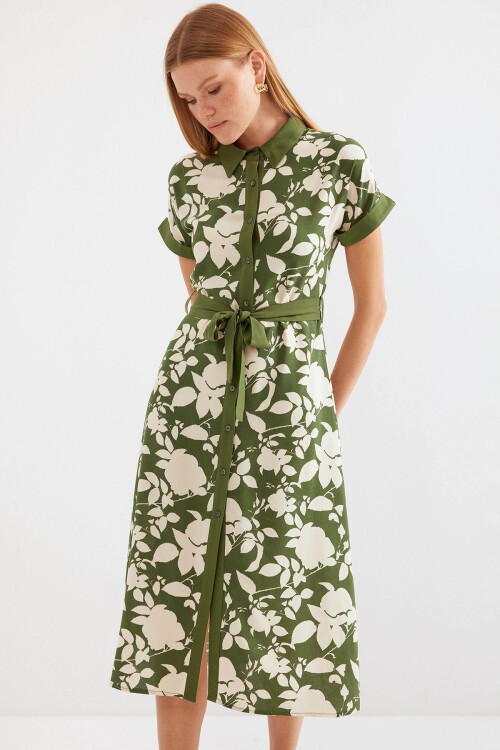 Merterium 2455 Desenli Gömlek Elbise - Haki