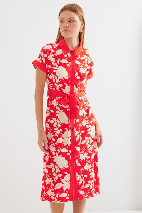 Merterium 2455 Desenli Gömlek Elbise - Kırmızı