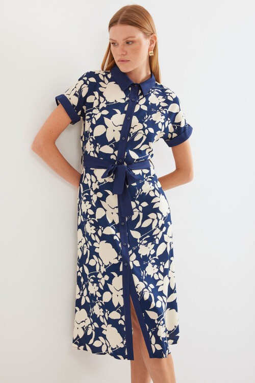 Merterium 2455 Desenli Gömlek Elbise - Lacivert