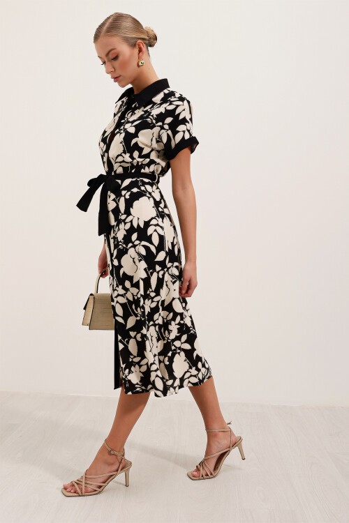 Merterium 2455 Desenli Gömlek Elbise - Siyah