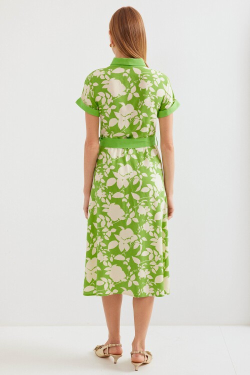 Merterium 2455 Desenli Gömlek Elbise - Yeşil
