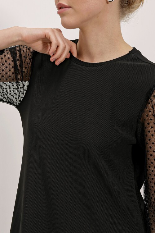 Merterium 2467 Tül Kollu Mini Elbise - Siyah