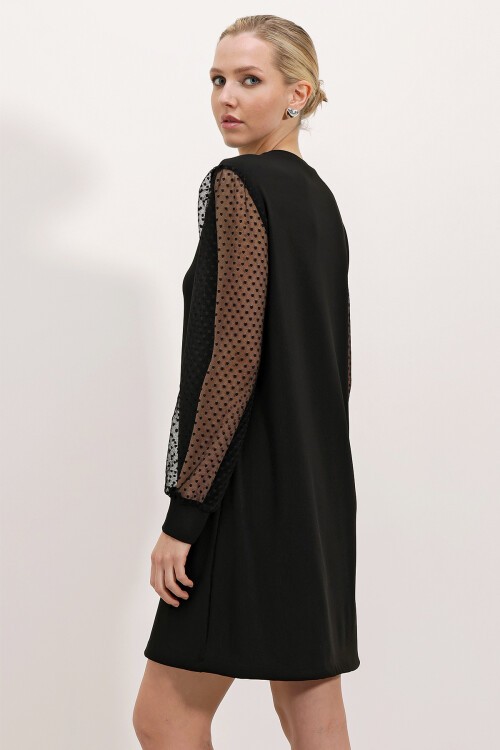 Merterium 2467 Tül Kollu Mini Elbise - Siyah