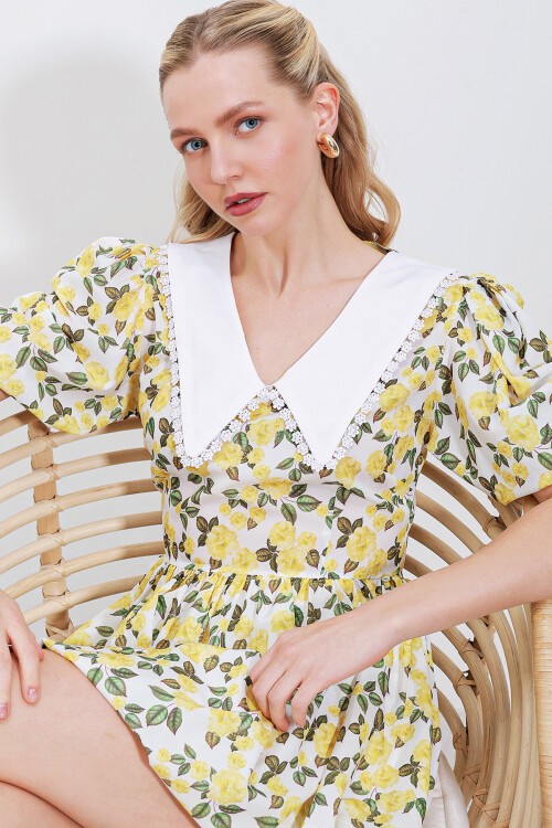 Merterium 2478 Çiçekli Mini Elbise - Sarı