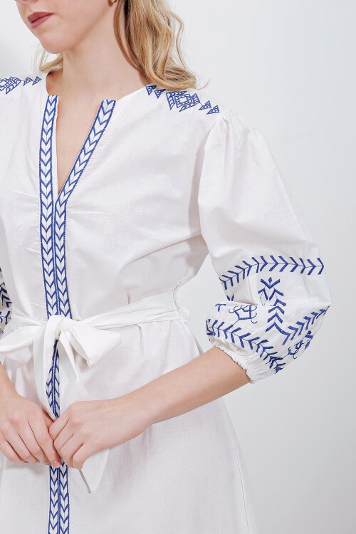 Merterium 2479 Nakışlı  Keten Elbise - Beyaz