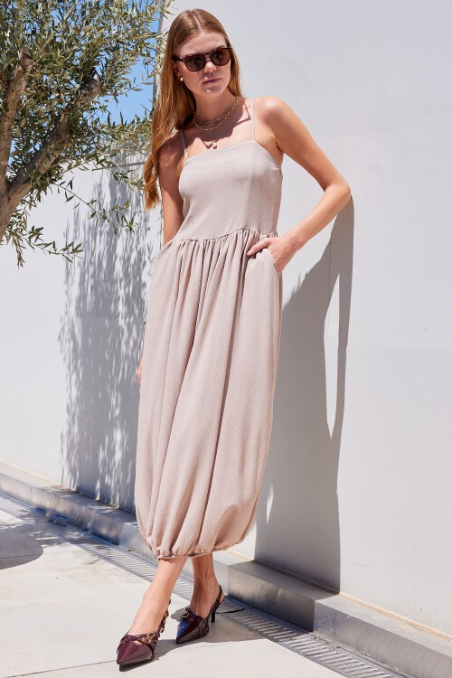 Merterium 2492 Askılı Örme Salopet Elbise - Bej