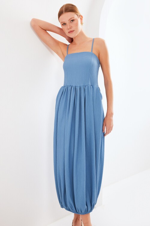 Merterium 2492 Askılı Örme Salopet Elbise - İndigo