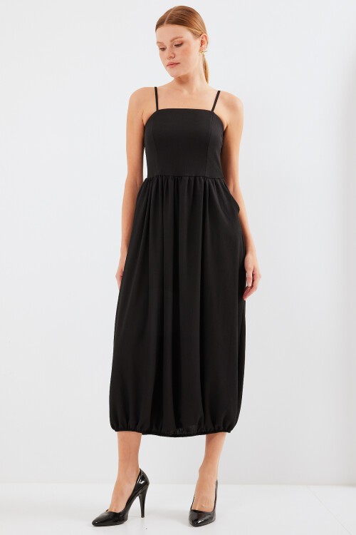 Merterium 2492 Askılı Örme Salopet Elbise - Siyah