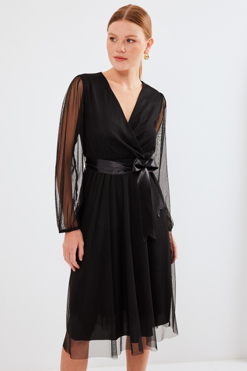 Merterium 2494 Kruvaze Yaka Tül Elbise - Siyah