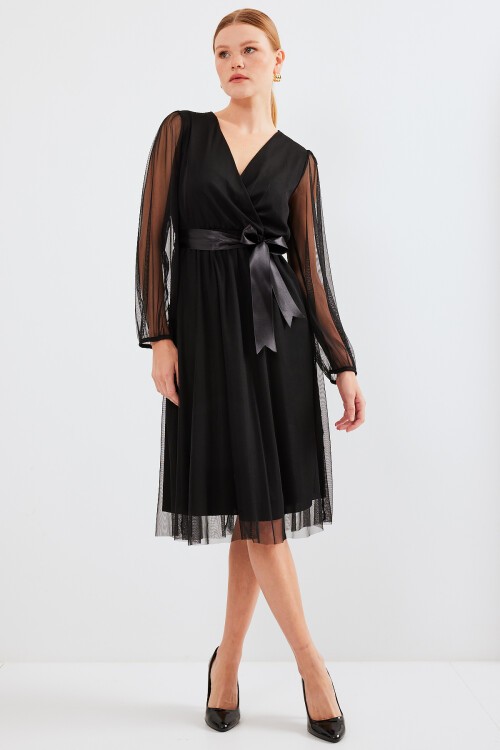 Merterium 2494 Kruvaze Yaka Tül Elbise - Siyah