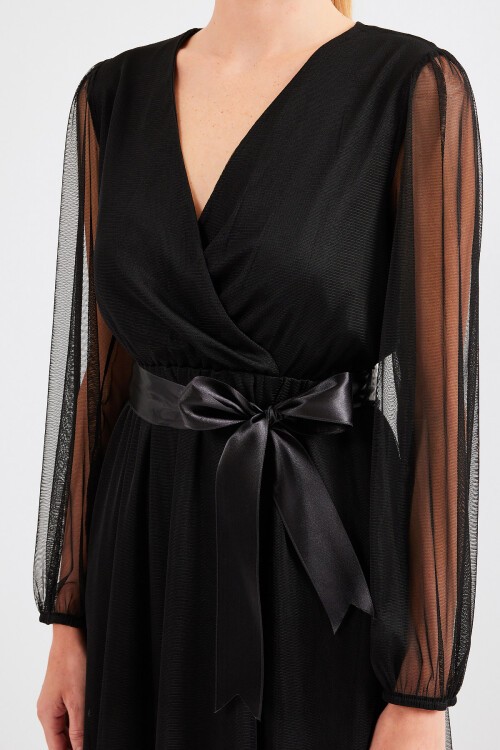 Merterium 2494 Kruvaze Yaka Tül Elbise - Siyah