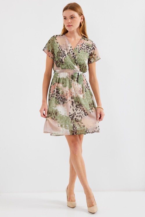 Merterium 2502 Kısa Kol Desenli Şifon Elbise - Çağla