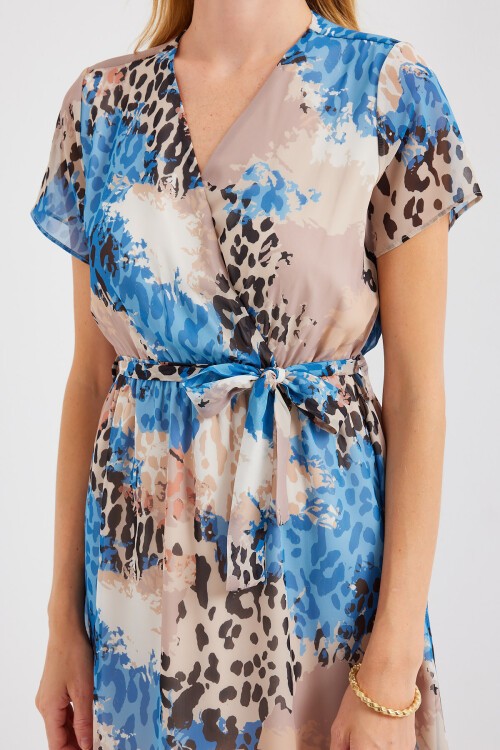 Merterium 2502 Kısa Kol Desenli Şifon Elbise - Mavi