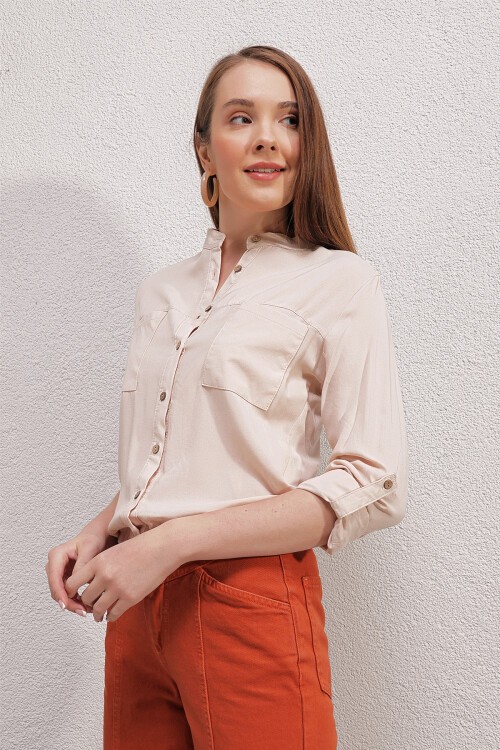 Merterium 3619 ÖNÜ BAĞCIKLI GÖMLEK - Krem