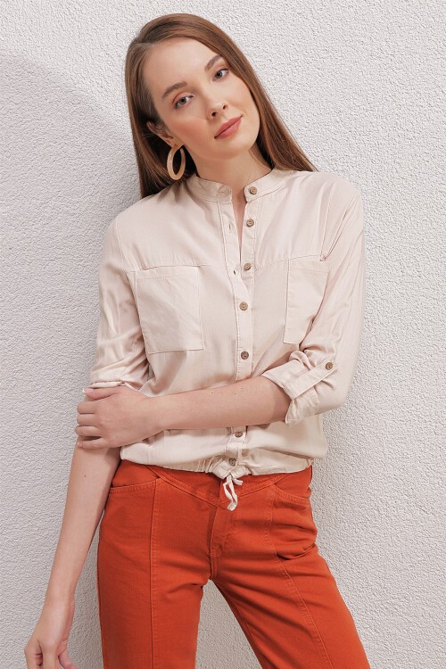 Merterium 3619 ÖNÜ BAĞCIKLI GÖMLEK - Krem