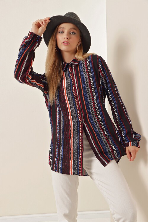 Merterium 3721 Grafik Desenli Gömlek - D.Lacivert