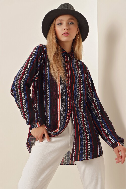 Merterium 3721 Grafik Desenli Gömlek - D.Lacivert