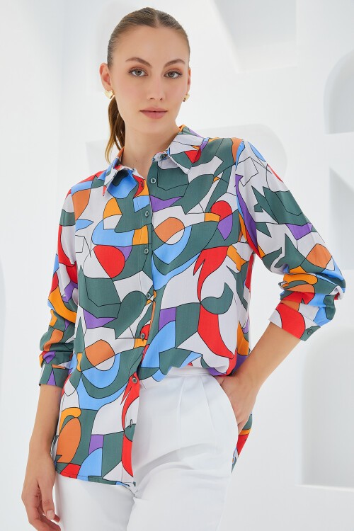 Merterium 3721 Grafik Desenli Gömlek - E.Haki