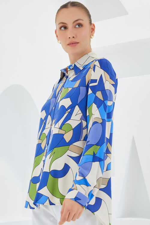 Merterium 3721 Grafik Desenli Gömlek - İndigo