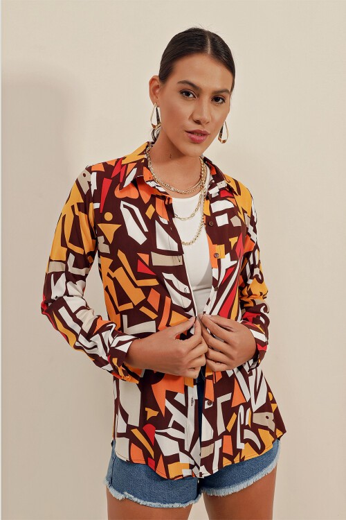 Merterium 3721 Grafik Desenli Gömlek - Koyu Kahve