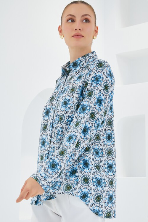 Merterium 3721 Grafik Desenli Gömlek - Turkuaz