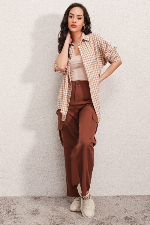 Merterium 3900 Oversize Kareli Gömlek - Y.Bej