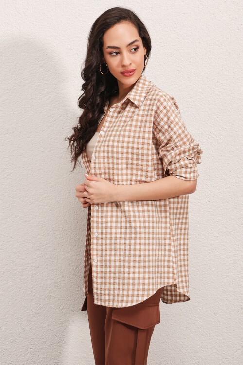 Merterium 3900 Oversize Kareli Gömlek - Y.Bej